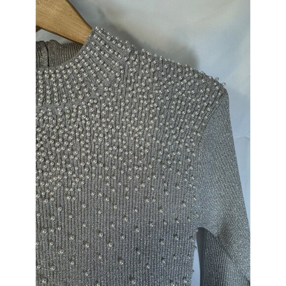 Fitted vintage heavily pearl beading silver shiny zipper back slight turtleneck - Picture 6 of 10